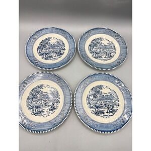 Vtg 5 Pc Bread & Butter Plates Currier & Ives "Harvest" Blue White Transferware